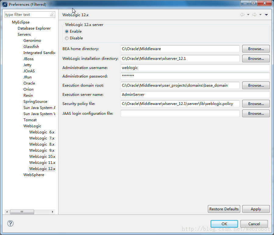 Struts2.3+Spring2.5.6+JPA(Hibernate3)项目移栽入WebLogic12容器,并整合入MyEclipse10 图文详解