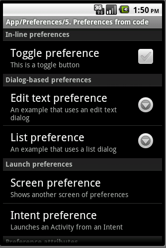 Android ApiDemosʾ(34)App->Preferences->Preferences from code