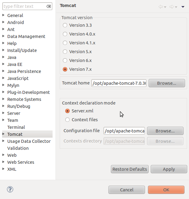 Ubuntu中配备Tomcat与Eclipse整合