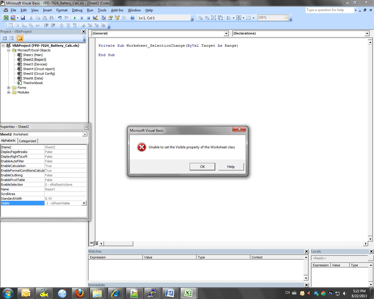 改变Excel VB Editor里表属性窗口的Visable选项时报错Unable to set the visible property.该怎么处理