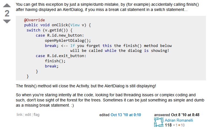 ERROR/WindowManager(*): Activity * has leaked window com.android.internal.po
