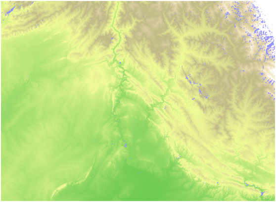 运用阿富汗和巴基斯坦地区的SRTM数据生成山体阴影和彩色地形图