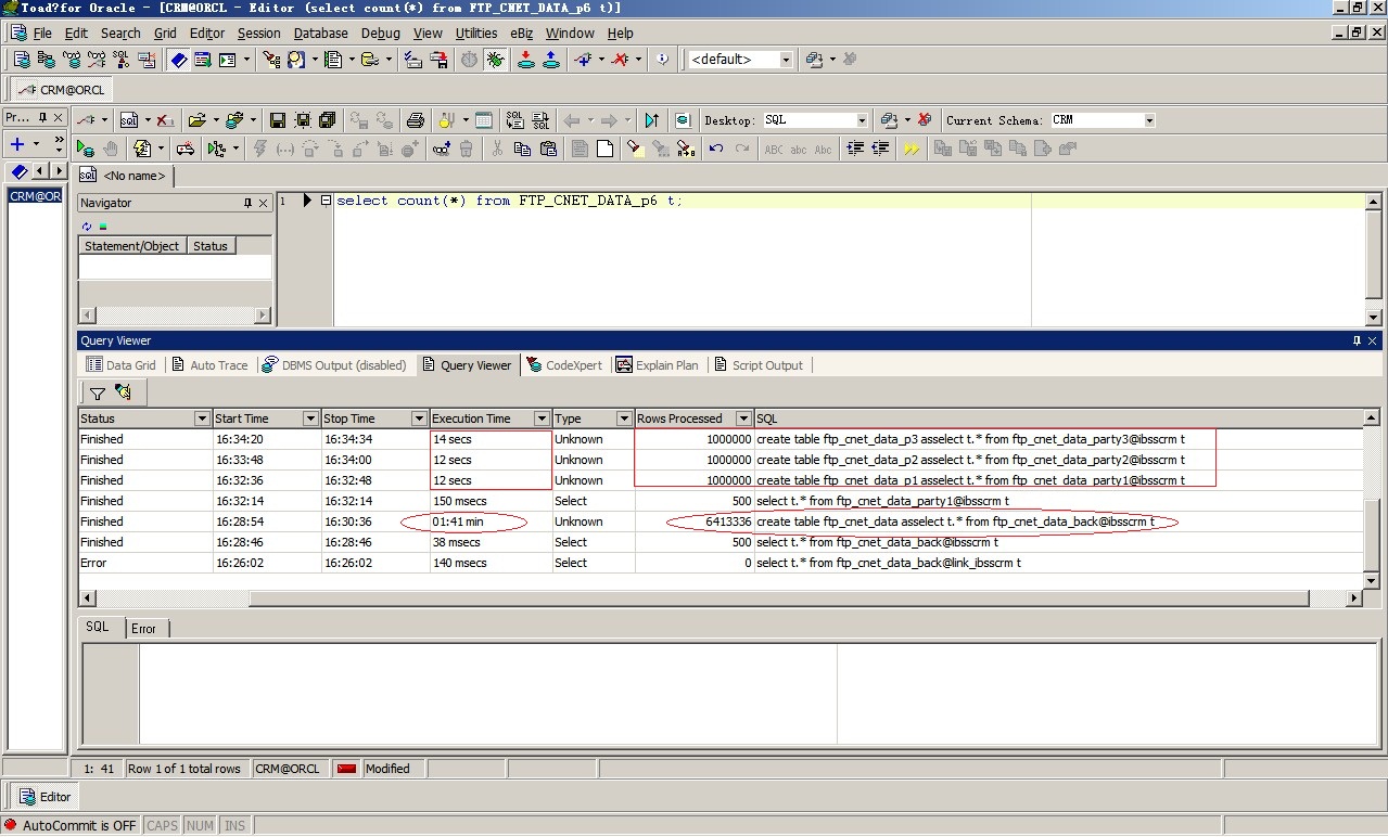 ORACLE创造百万行数据表之效率分析