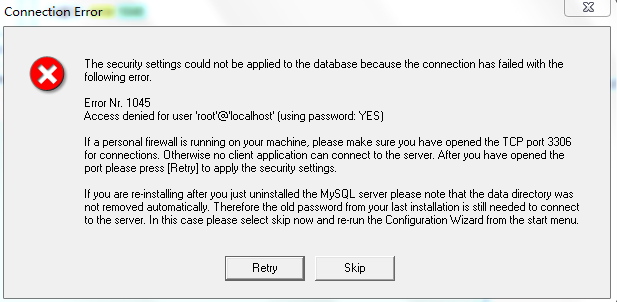 MYSQL 安装时候的1045异常的解决办法