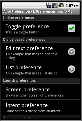 20110510001 Android ApiDemos示范解析(30):App->Preferences->Preferences from XML