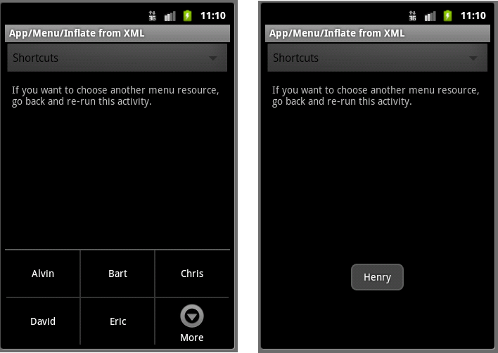 Android ApiDemosʾ(25)App->Menu->Inflate from XML