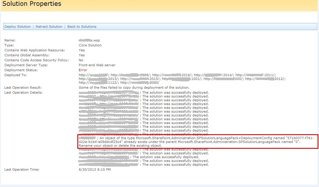Some of the files failed to copy during deployment of the solution.ô