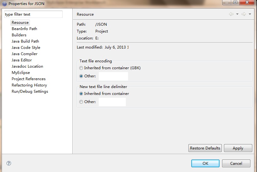 Myeclipse ��properties��ѡ���±�"Text file encoding"ѡ���otherѡ����ֶ�¼���������
