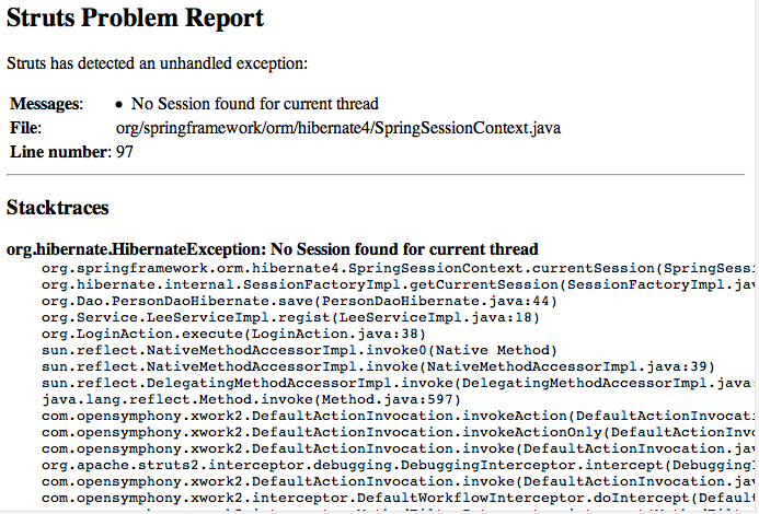 struts2 spring3.2 hibernate4.1.9 ����No Session found for current thread