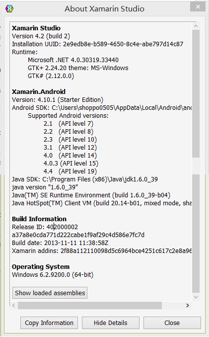 ��Xamarin���ƽ��ļ�,ϵͳ��Ϣ��Win 8.1 64λϵͳ��Xamarin Studio 4.2, Xamarin.Android 4.10.01068,����ô���